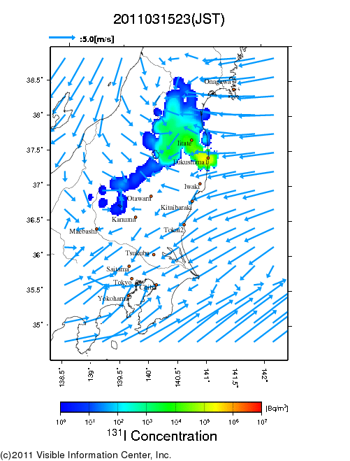 地表付近 大気中濃度分布[Bq/m3]　2011-03-15 23時