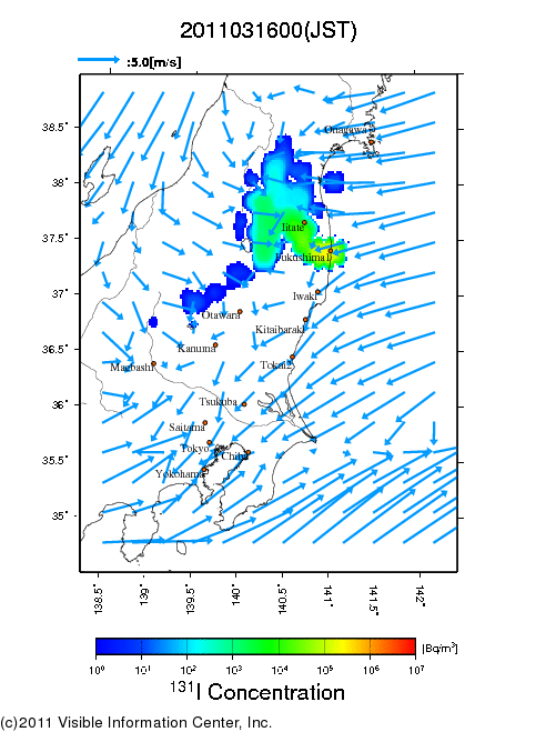 地表付近 大気中濃度分布[Bq/m3]　2011-03-16 00時