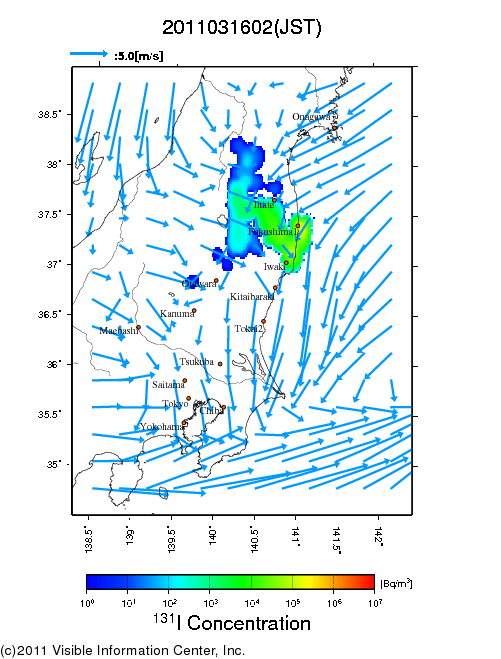 地表付近 大気中濃度分布[Bq/m3]　2011-03-16 02時