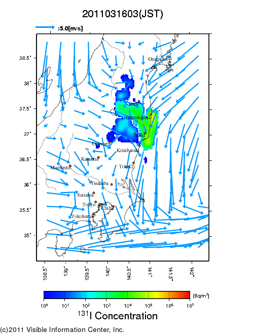 地表付近 大気中濃度分布[Bq/m3]　2011-03-16 03時