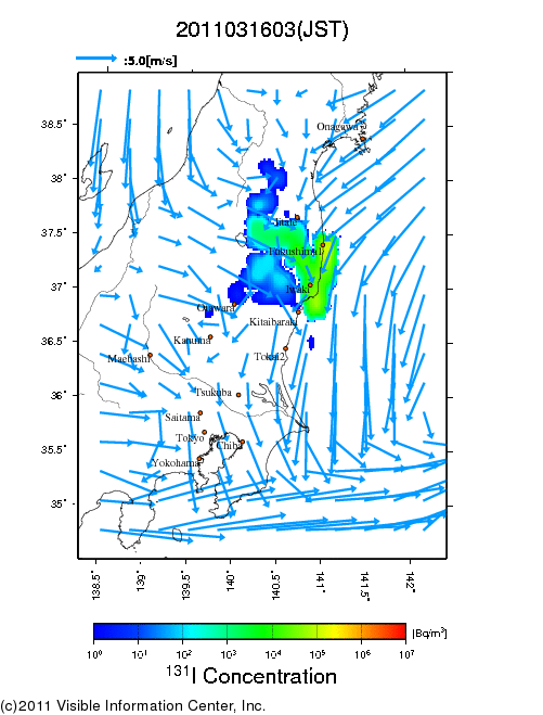 大気中濃度分布[Bq/m3]　2011031603