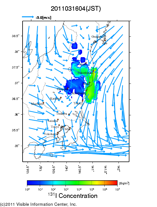 大気中濃度分布[Bq/m3]　2011031604