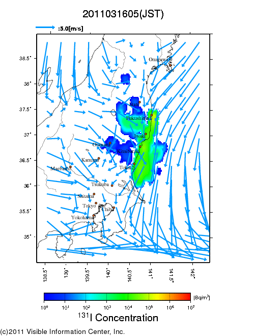 地表付近 大気中濃度分布[Bq/m3]　2011-03-16 05時