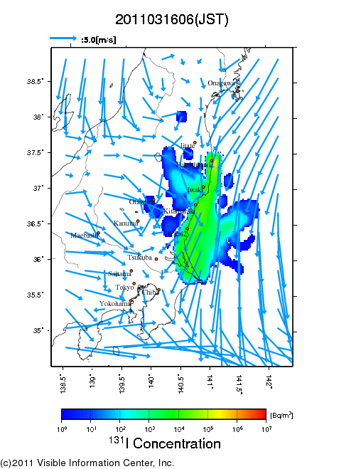 地表付近 大気中濃度分布[Bq/m3]　2011-03-16 06時