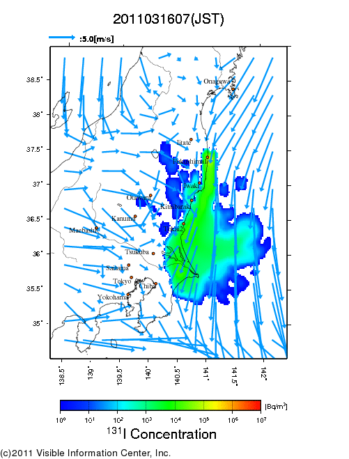 Ground level air concentration [Bq/m3] 2011-03-16 07