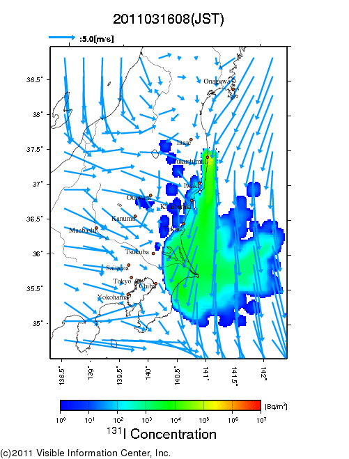 地表付近 大気中濃度分布[Bq/m3]　2011-03-16 08時