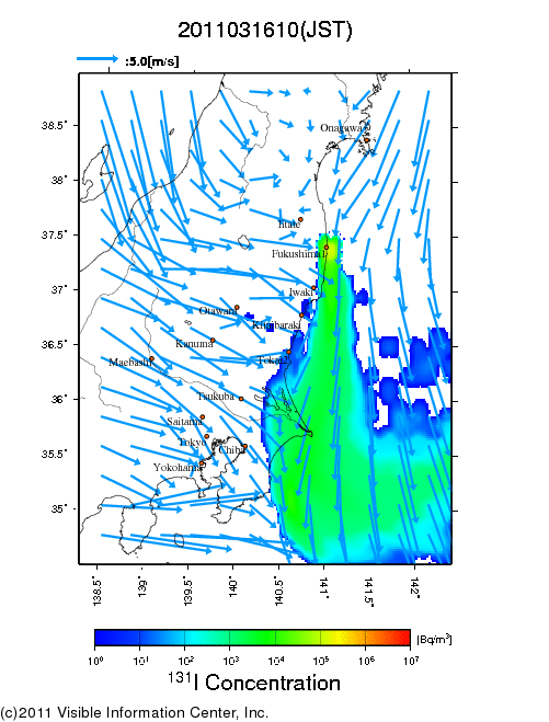 地表付近 大気中濃度分布[Bq/m3]　2011-03-16 10時