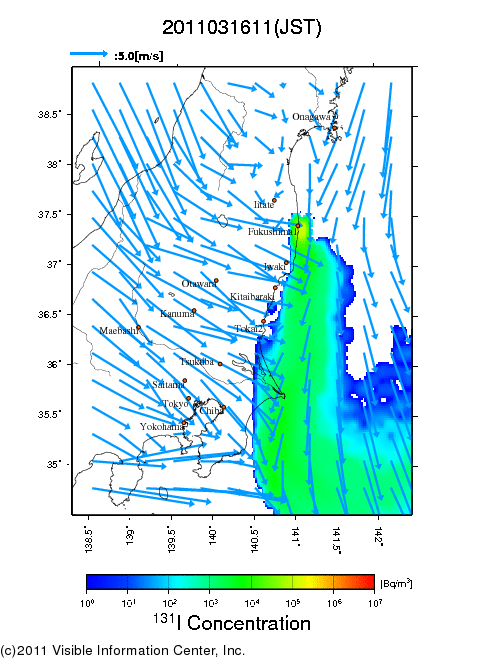 Ground level air concentration [Bq/m3] 2011-03-16 11