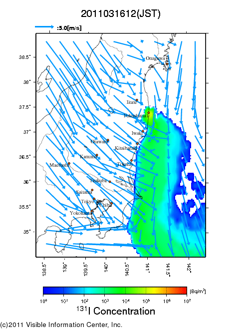 Ground level air concentration [Bq/m3] 2011-03-16 12