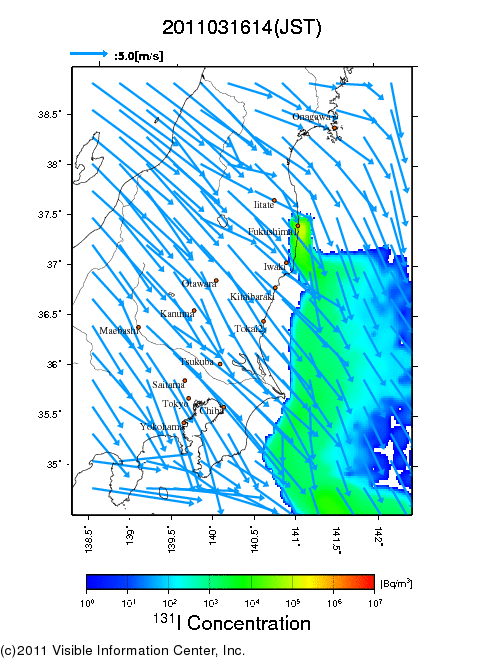 Ground level air concentration [Bq/m3] 2011-03-16 14