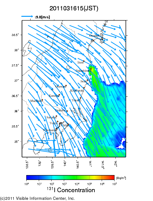 大気中濃度分布[Bq/m3]　2011031615