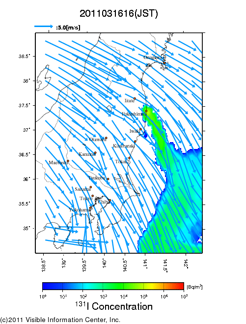 大気中濃度分布[Bq/m3]　2011031616