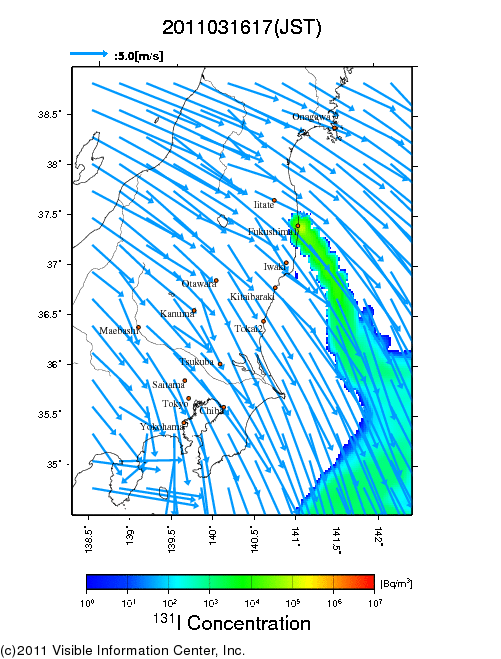 大気中濃度分布[Bq/m3]　2011031617