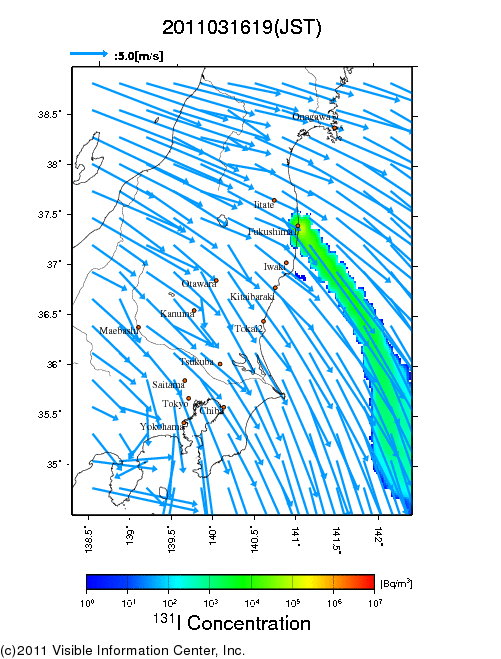 地表付近 大気中濃度分布[Bq/m3]　2011-03-16 19時