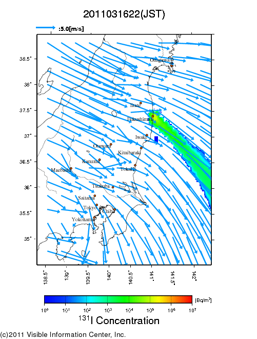 大気中濃度分布[Bq/m3]　2011031622