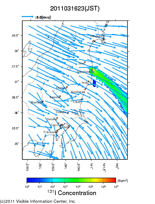 大気中濃度分布[Bq/m3]　2011031623