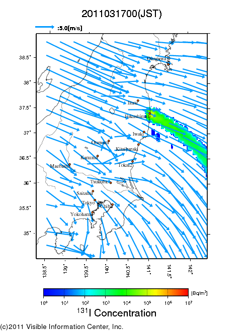 地表付近 大気中濃度分布[Bq/m3]　2011-03-17 00時