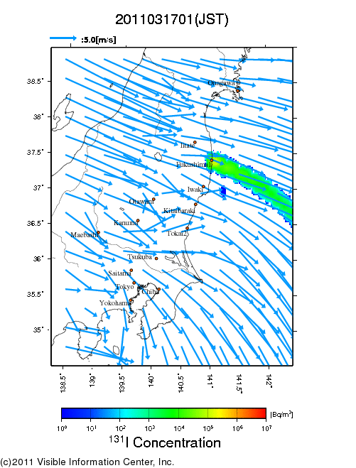 Ground level air concentration [Bq/m3] 2011-03-17 01