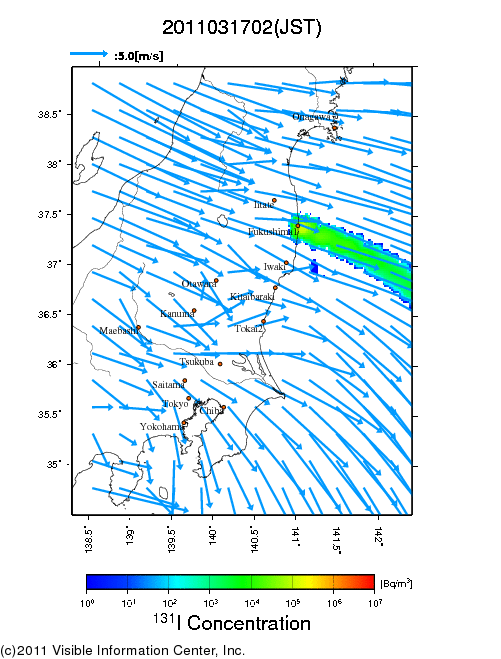 地表付近 大気中濃度分布[Bq/m3]　2011-03-17 02時