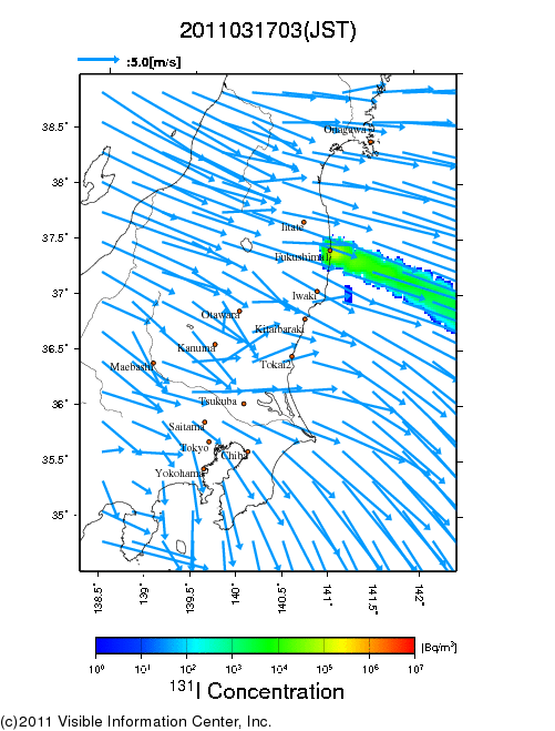 地表付近 大気中濃度分布[Bq/m3]　2011-03-17 03時