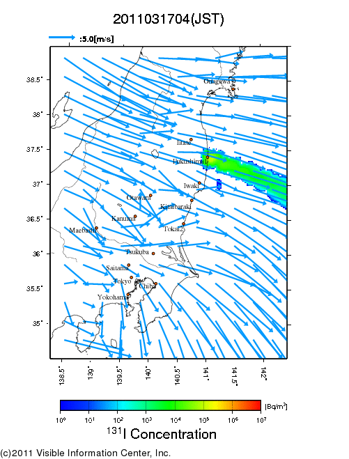 地表付近 大気中濃度分布[Bq/m3]　2011-03-17 04時