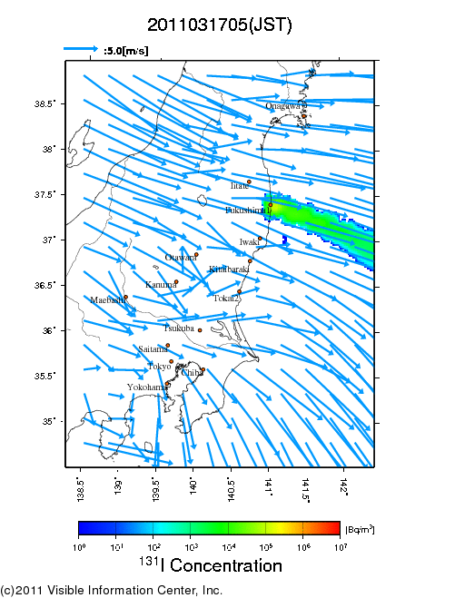 地表付近 大気中濃度分布[Bq/m3]　2011-03-17 05時