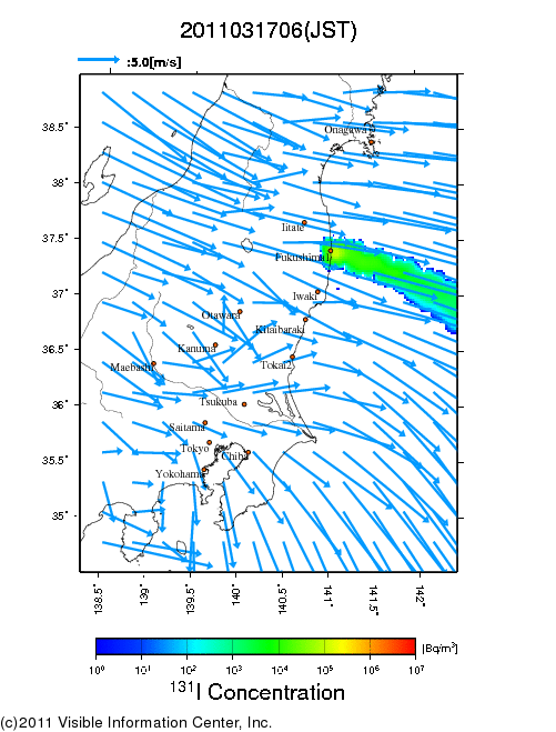 大気中濃度分布[Bq/m3]　2011031706