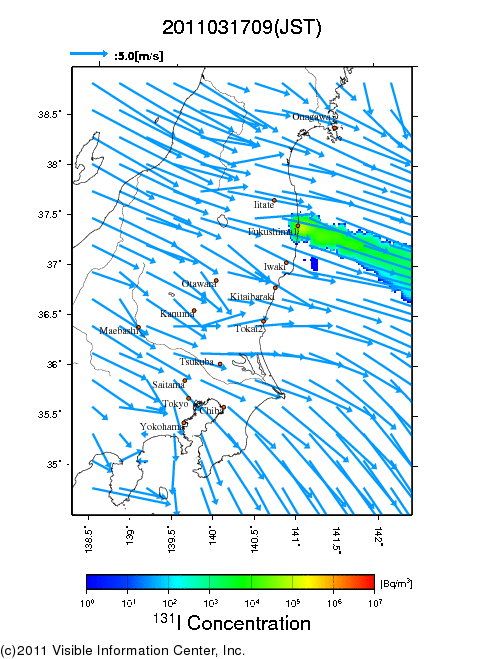 大気中濃度分布[Bq/m3]　2011031709