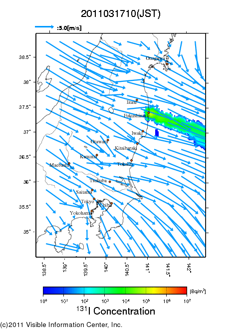 地表付近 大気中濃度分布[Bq/m3]　2011-03-17 10時