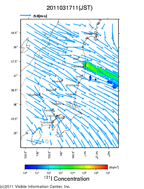 地表付近 大気中濃度分布[Bq/m3]　2011-03-17 11時