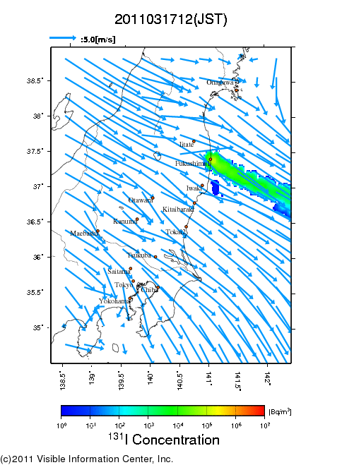 地表付近 大気中濃度分布[Bq/m3]　2011-03-17 12時