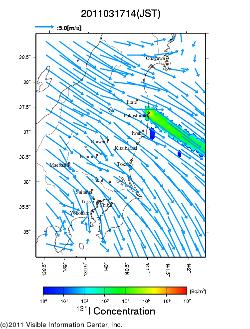 Ground level air concentration [Bq/m3] 2011-03-17 14