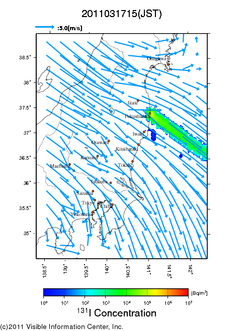 Ground level air concentration [Bq/m3] 2011-03-17 15