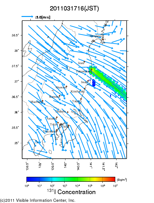 地表付近 大気中濃度分布[Bq/m3]　2011-03-17 16時