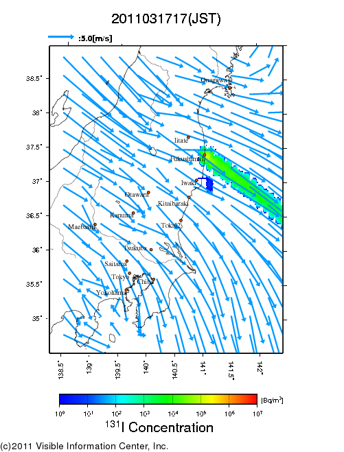 地表付近 大気中濃度分布[Bq/m3]　2011-03-17 17時