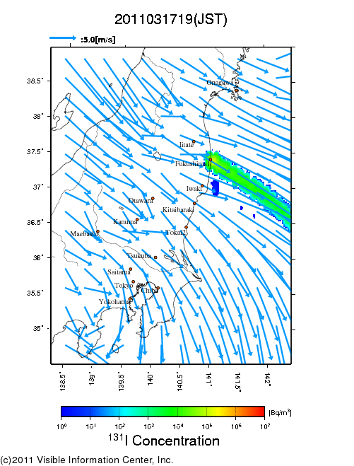 地表付近 大気中濃度分布[Bq/m3]　2011-03-17 19時