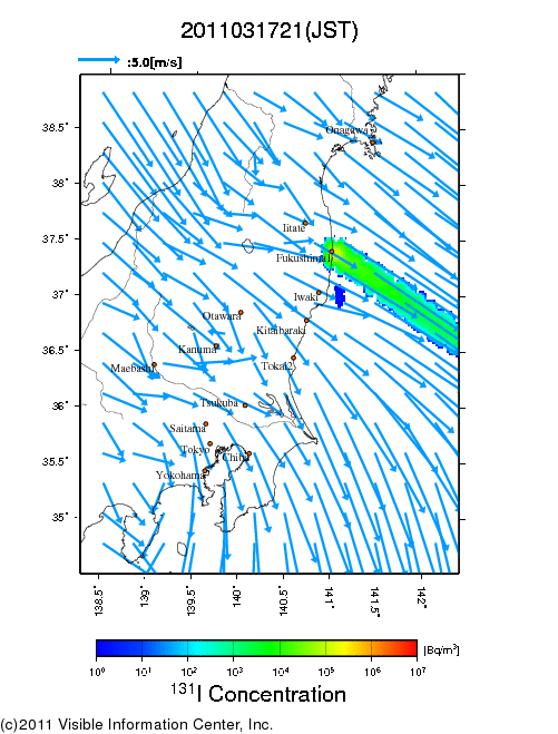 地表付近 大気中濃度分布[Bq/m3]　2011-03-17 21時