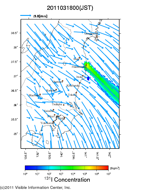 Ground level air concentration [Bq/m3] 2011-03-18 00