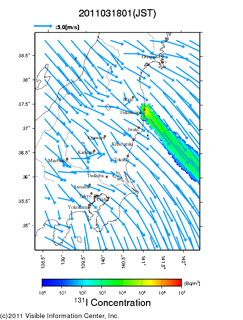 Ground level air concentration [Bq/m3] 2011-03-18 01