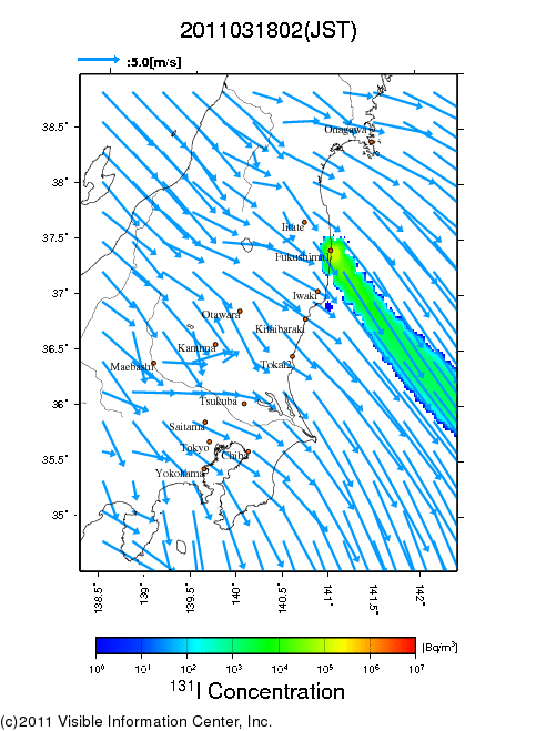 Ground level air concentration [Bq/m3] 2011-03-18 02