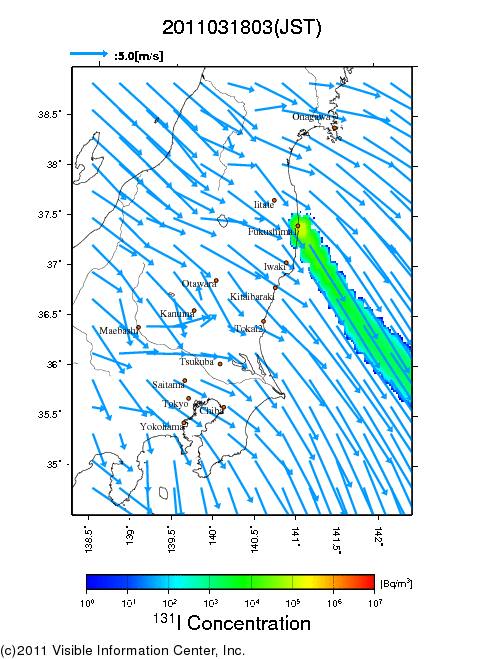 大気中濃度分布[Bq/m3]　2011031803