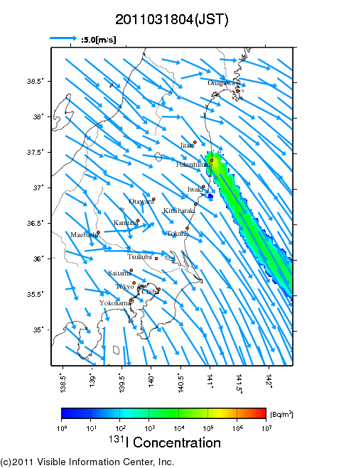 大気中濃度分布[Bq/m3]　2011031804