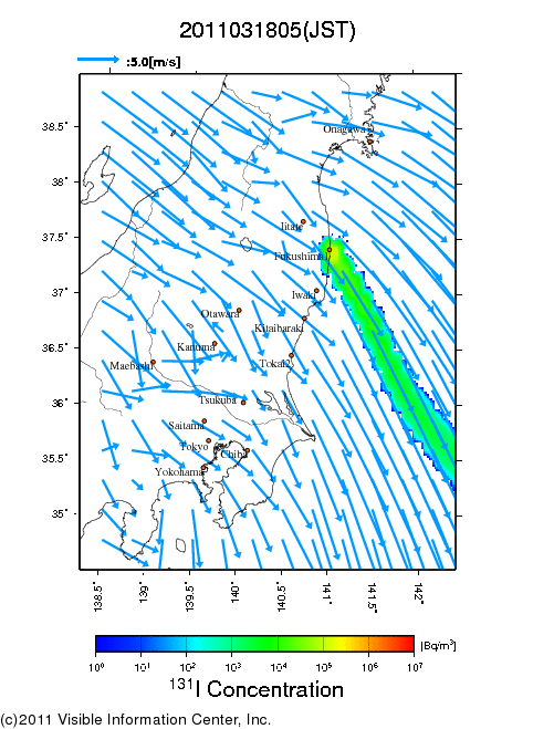 Ground level air concentration [Bq/m3] 2011-03-18 05