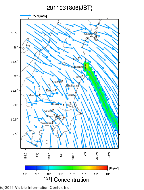 地表付近 大気中濃度分布[Bq/m3]　2011-03-18 06時