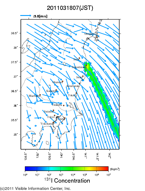 地表付近 大気中濃度分布[Bq/m3]　2011-03-18 07時