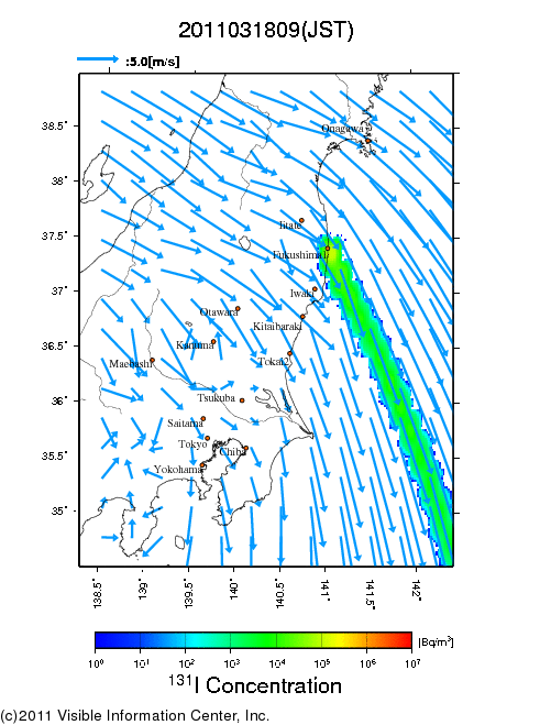 地表付近 大気中濃度分布[Bq/m3]　2011-03-18 09時