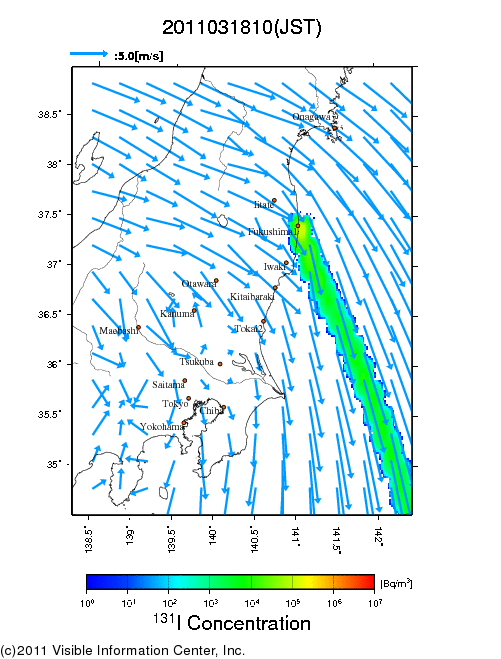 地表付近 大気中濃度分布[Bq/m3]　2011-03-18 10時