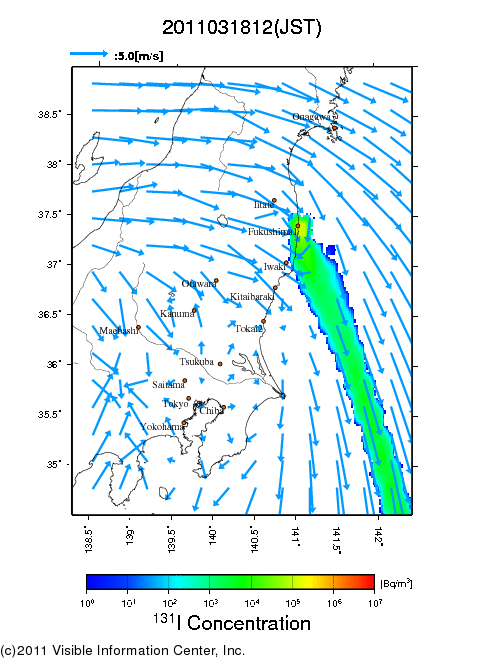 Ground level air concentration [Bq/m3] 2011-03-18 12