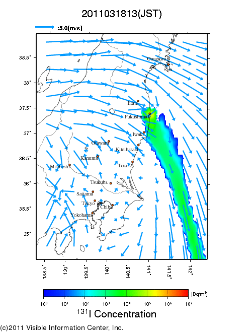 Ground level air concentration [Bq/m3] 2011-03-18 13