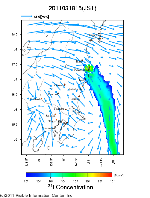 Ground level air concentration [Bq/m3] 2011-03-18 15